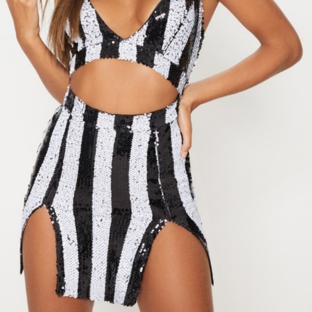 *Worn Once*  STRIPE SEQUIN STRAPPY PLUNGE EXTREME SPLIT BODYCON DRESS Us12